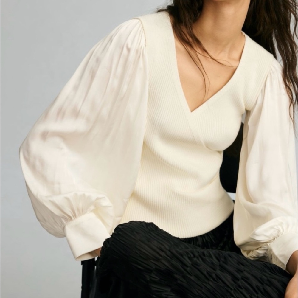 Anthropologie Ivory Twofer Faux Wrap Sweater With Satin Balloon Sleeves Size XXS - Picture 2 of 10